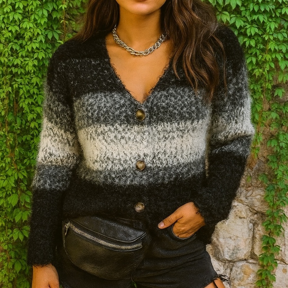 RENEE C. Eyelash Fringe Black and Gray Ombre Stripe Cardigan, Made in the USA, M